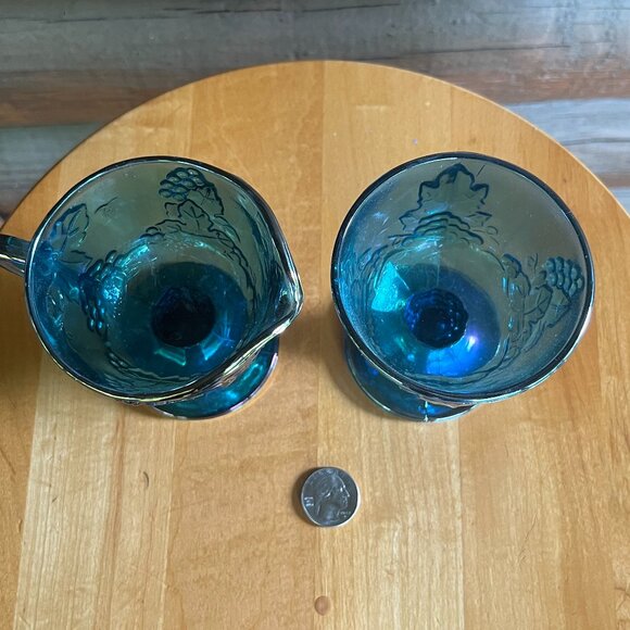 Vintage Iridescent Blue Carnival Glass Creamer/Sugar Goblet Harvest Grape Design - Picture 5 of 5